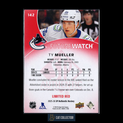 2025-26 UD SP Authentic TY MUELLER #142 Future Watch Limited Red RC