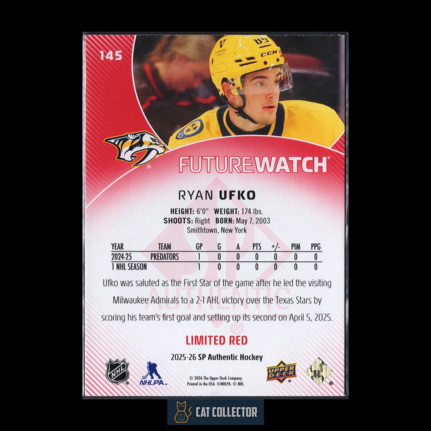 2025-26 UD SP Authentic RYAN UFKO #145 Future Watch Limited Red RC