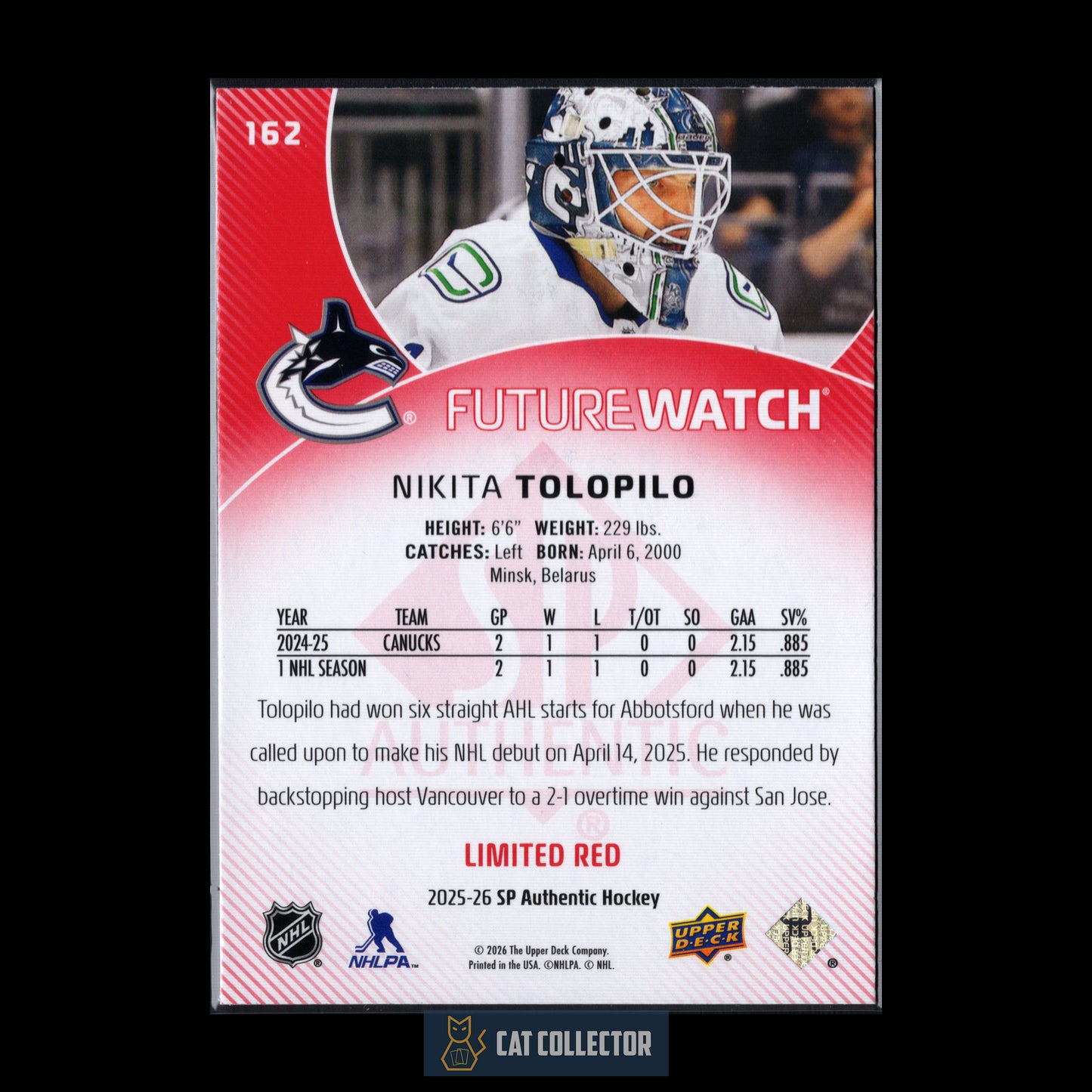 2025-26 UD SP Authentic NIKITA TOLOPILO #162 Future Watch Limited Red RC