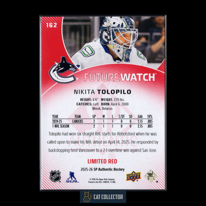 2025-26 UD SP Authentic NIKITA TOLOPILO #162 Future Watch Limited Red RC