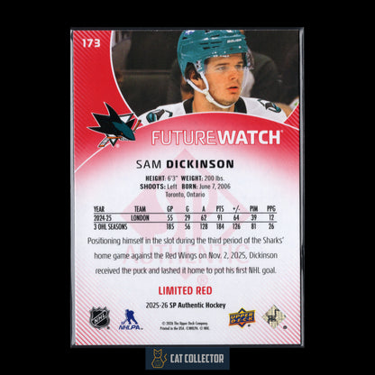 2025-26 UD SP Authentic SAM DICKINSON #173 Future Watch Limited Red RC