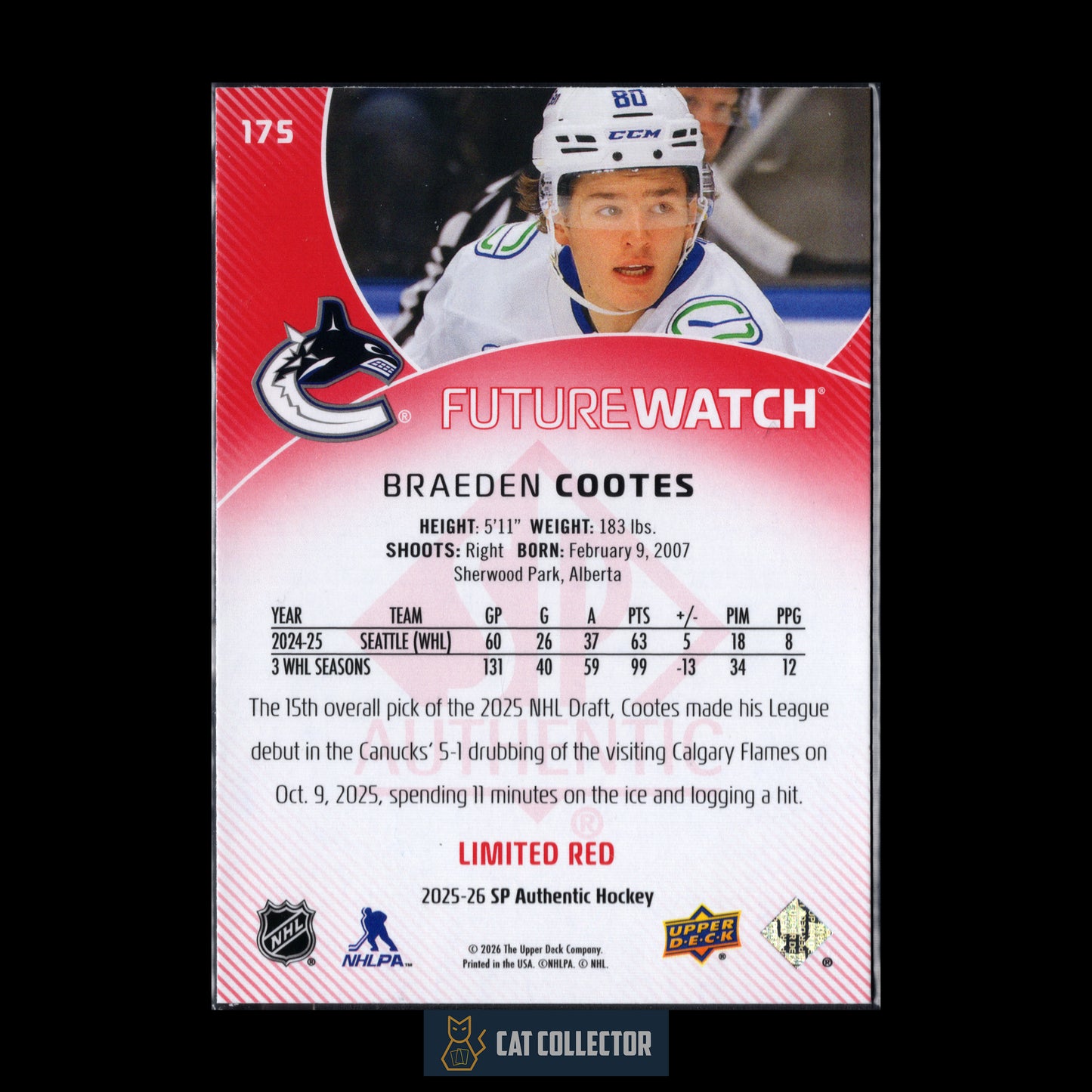 2025-26 UD SP Authentic BRAEDEN COOTES #175 Future Watch Limited Red RC