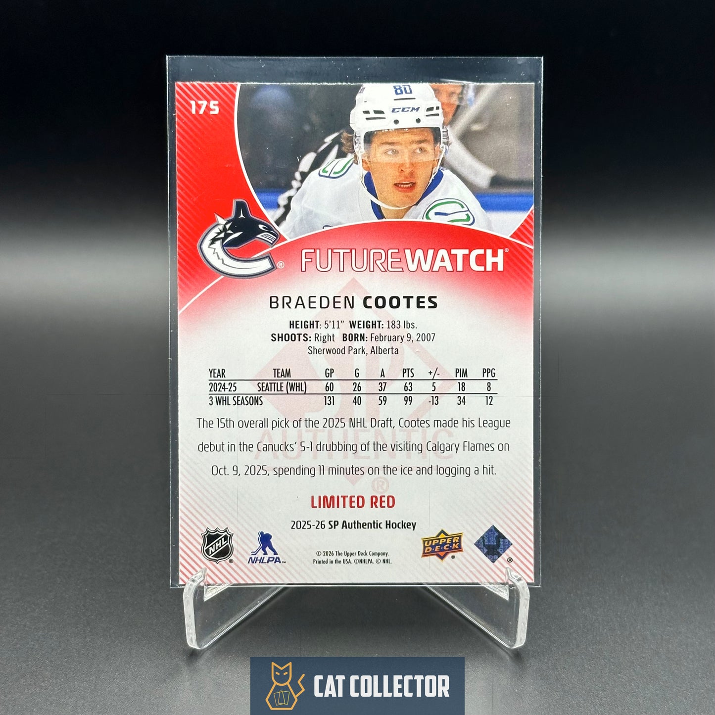 2025-26 UD SP Authentic BRAEDEN COOTES #175 Future Watch Limited Red RC