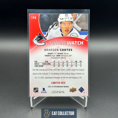 2025-26 UD SP Authentic BRAEDEN COOTES #175 Future Watch Limited Red RC