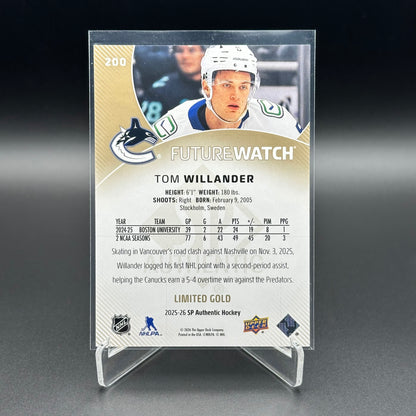 2025-26 UD SP Authentic TOM WILLANDER #200 Future Watch Limited Gold RC /99