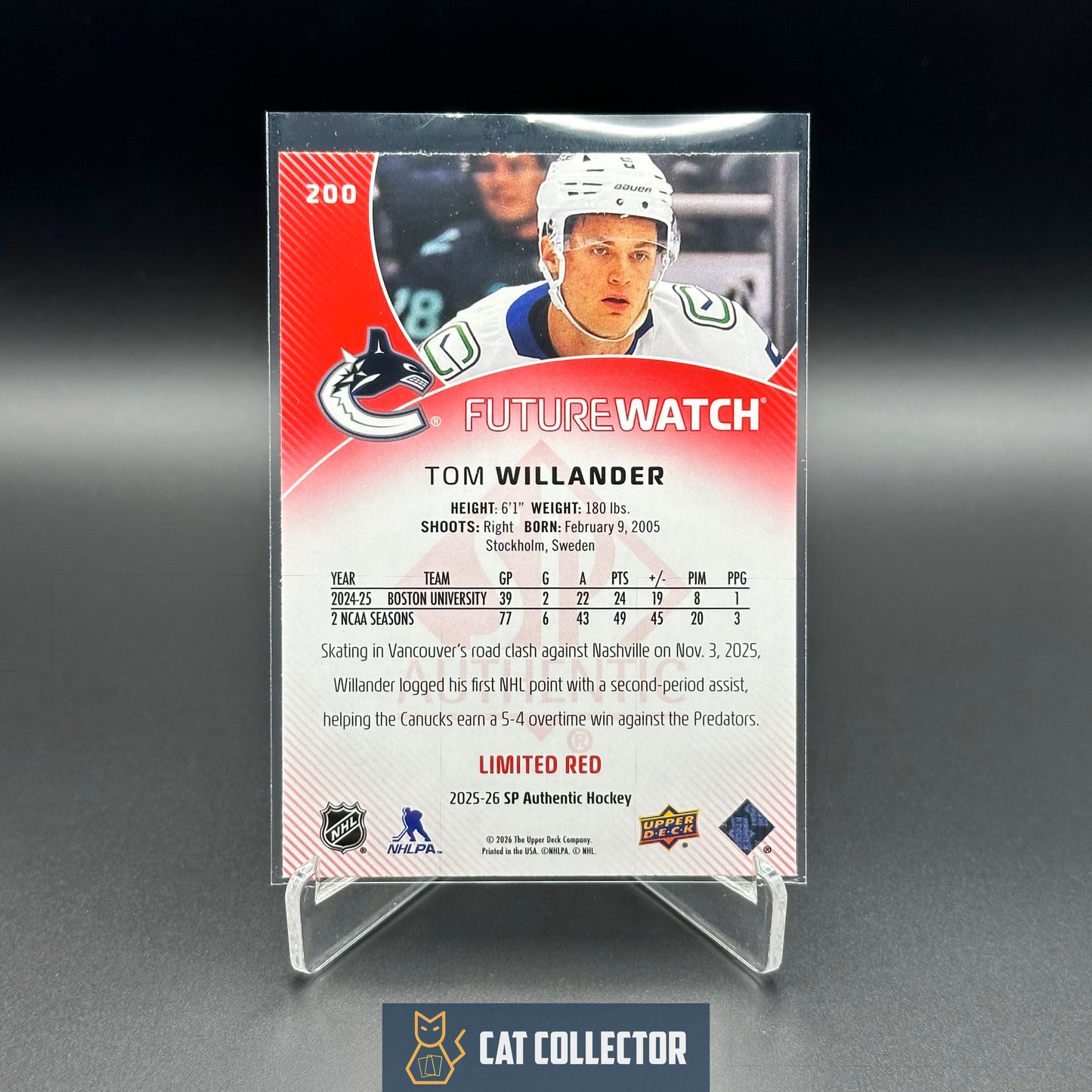 2025-26 UD SP Authentic TOM WILLANDER #200 Future Watch Limited Red RC