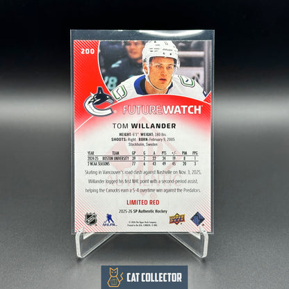 2025-26 UD SP Authentic TOM WILLANDER #200 Future Watch Limited Red RC