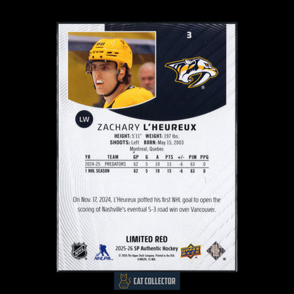 2025-26 UD SP Authentic ZACHARY L'HEUREUX #3 Limited Red