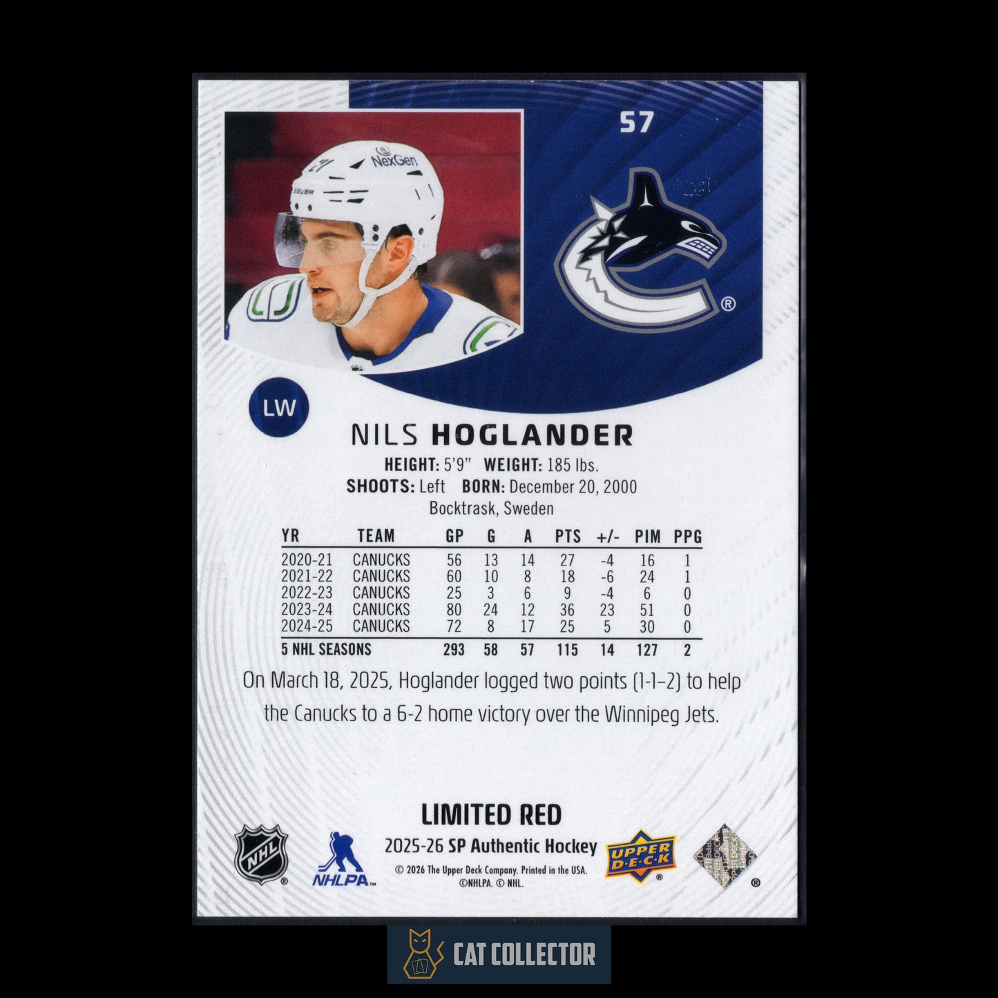 2025-26 UD SP Authentic NILS HOGLANDER #57 Limited Red