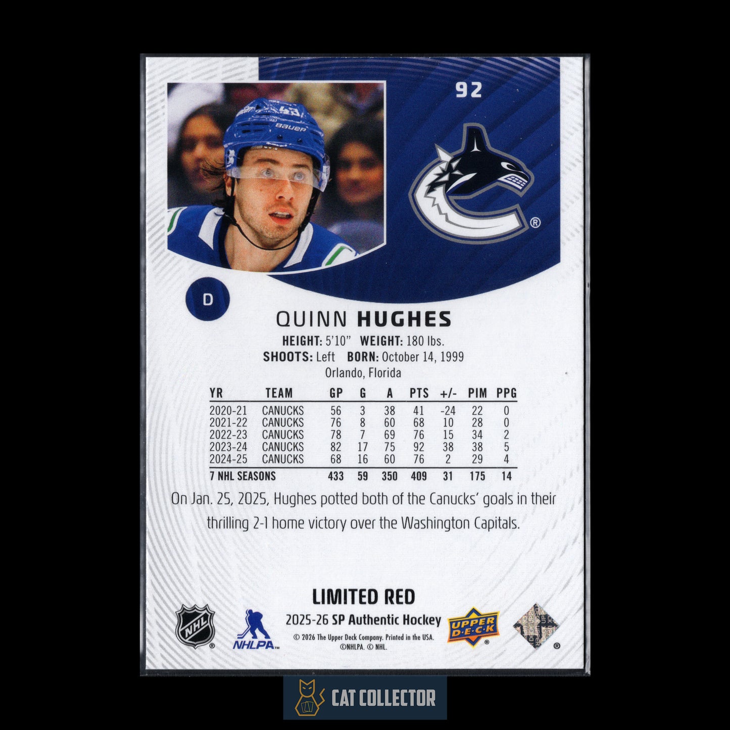 2025-26 UD SP Authentic QUINN HUGHES #92 Limited Red