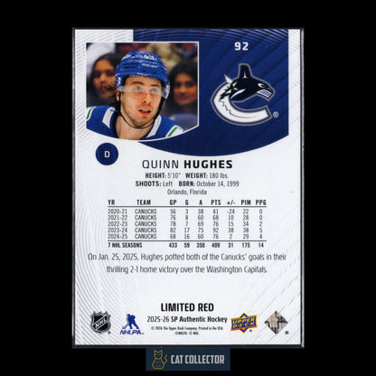2025-26 UD SP Authentic QUINN HUGHES #92 Limited Red