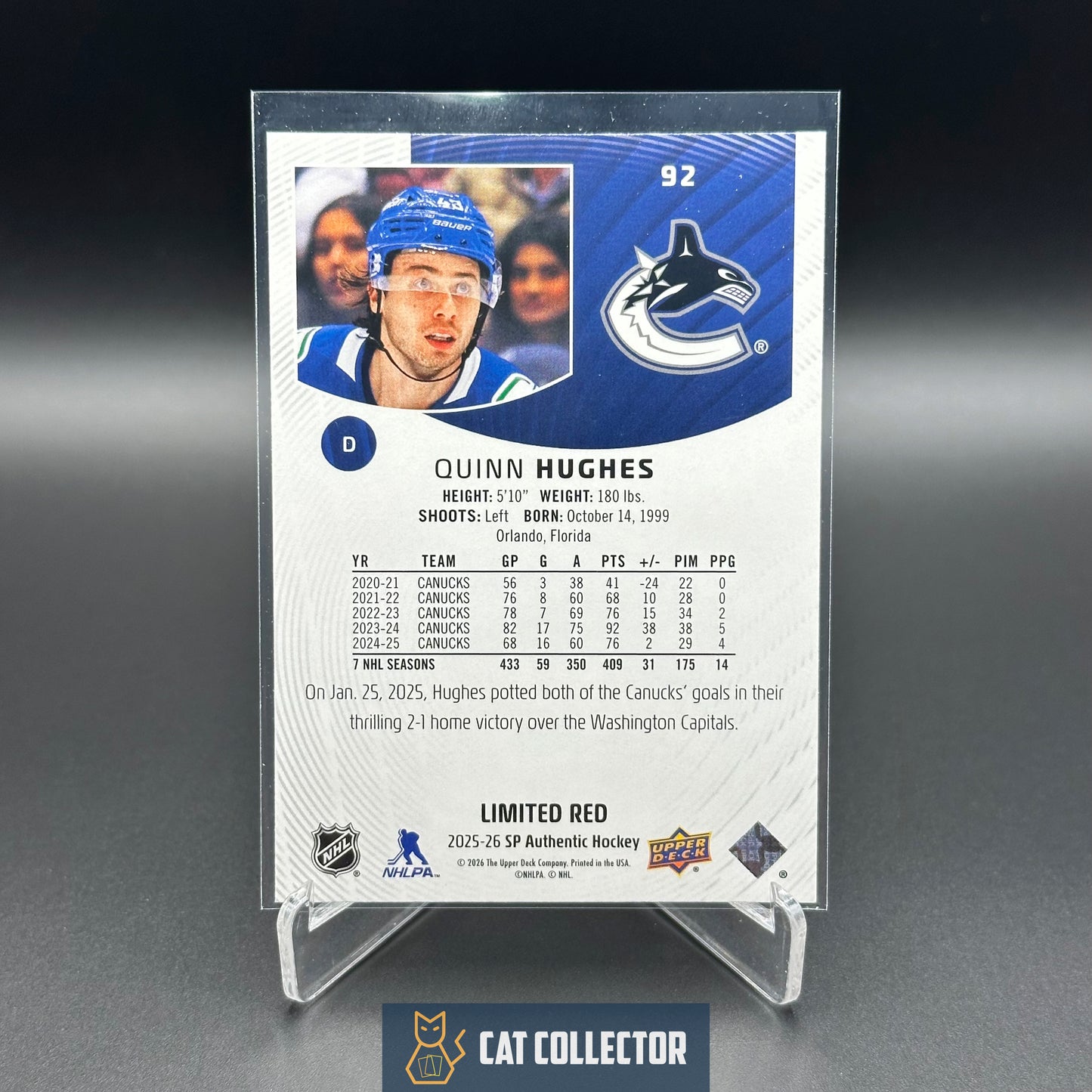 2025-26 UD SP Authentic QUINN HUGHES #92 Limited Red