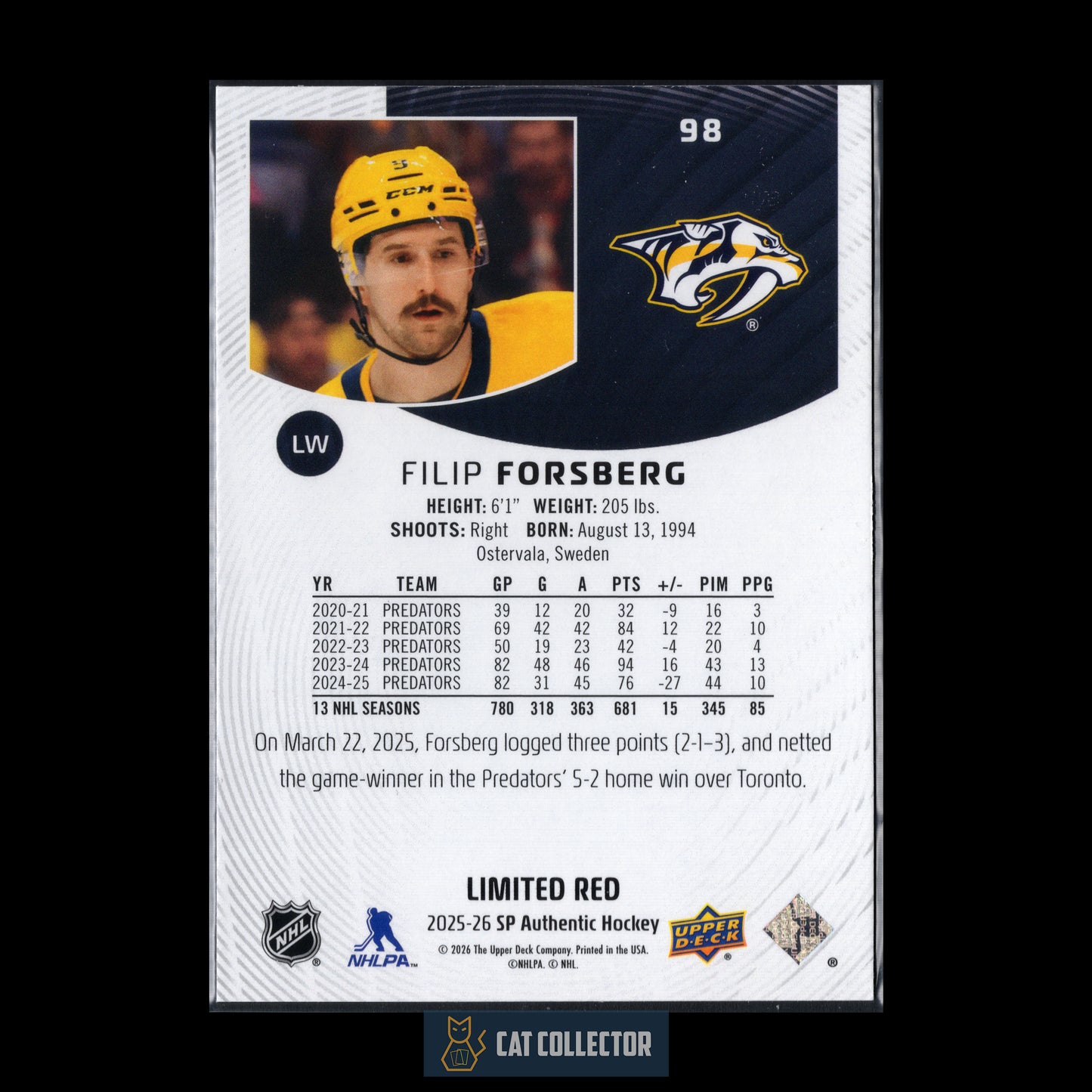 2025-26 UD SP Authentic FILIP FORSBERG #98 Limited Red