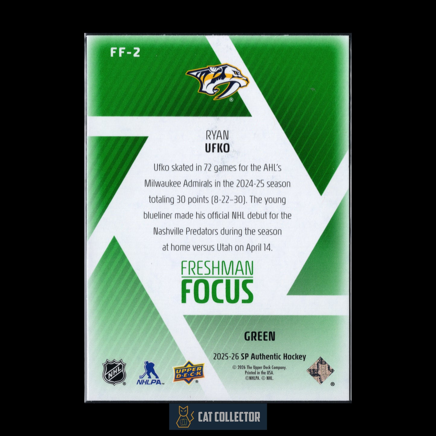 2025-26 Upper Deck SP Authentic RYAN UFKO #FF-2 Freshman Focus Green RC