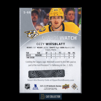 2025-25 UD SP Authentic OZZY WIESBLATT #S-66 Future Watch Spectrum FX Level 2 Bounty RC UNSCRATCHED