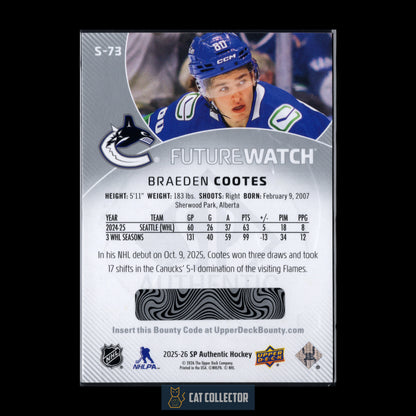 2025-26 UD SP Authentic BRAEDEN COOTES #S-73 Future Watch Spectrum FX Level 2 Bounty RC