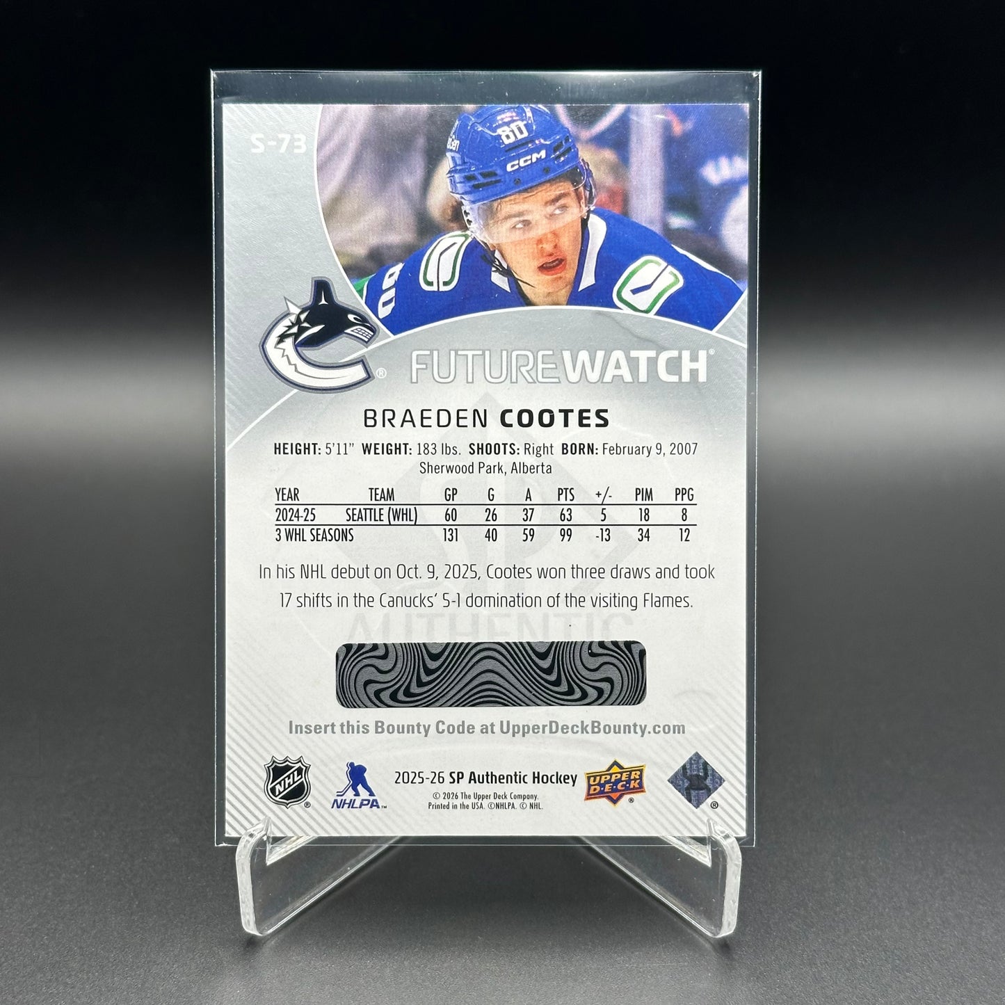 2025-26 UD SP Authentic BRAEDEN COOTES #S-73 Future Watch Spectrum FX Level 2 Bounty RC