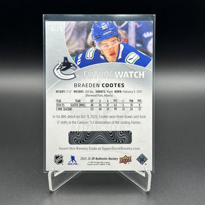 2025-26 UD SP Authentic BRAEDEN COOTES #S-73 Future Watch Spectrum FX Level 2 Bounty RC