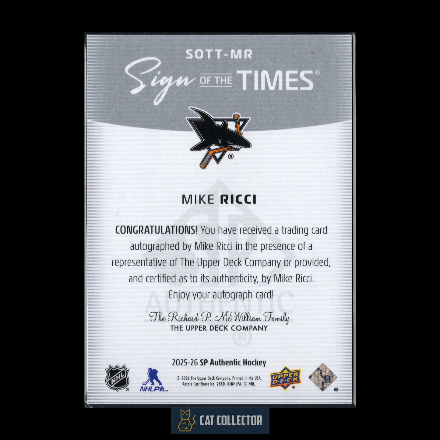 2025-26 UD SP Authentic MIKE RICCI #SOTT-MR Sign of the times Auto