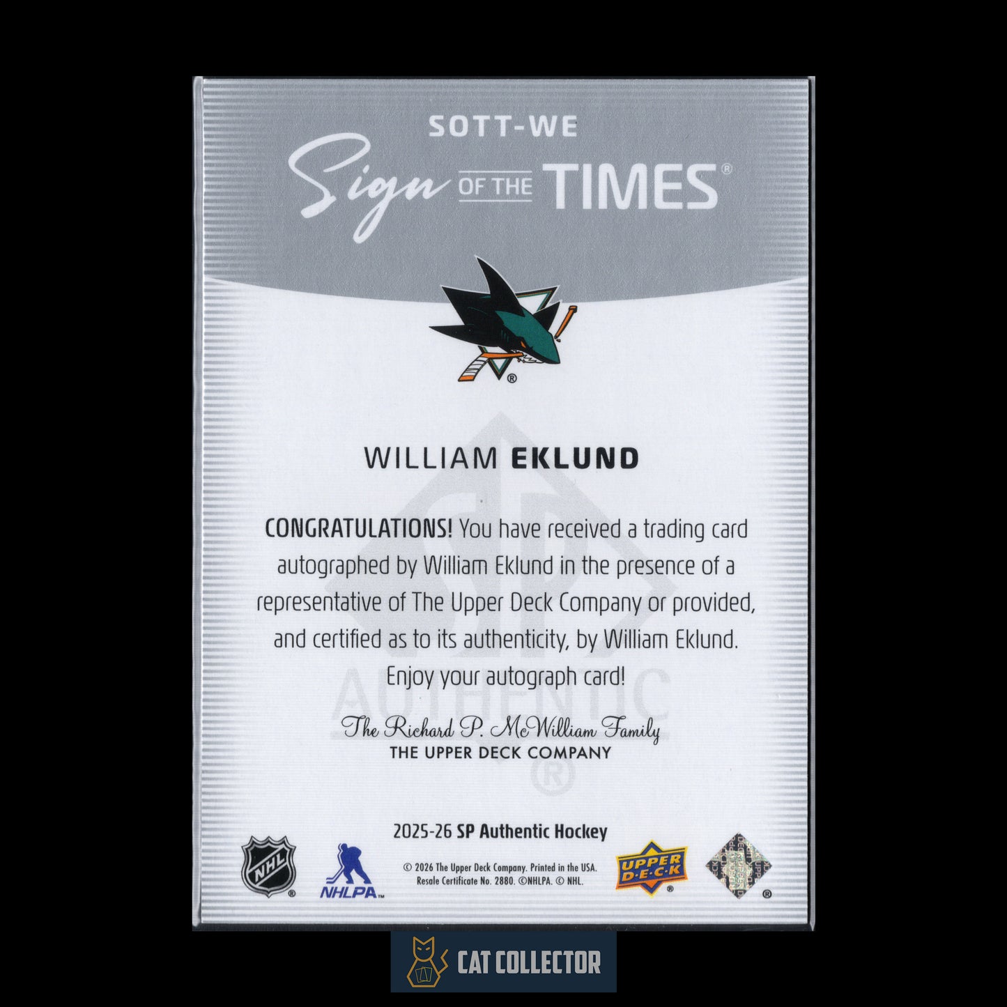 2025-26 UD SP Authentic WILLIAM EKLUND #SOTT-WE Sign of the times Auto