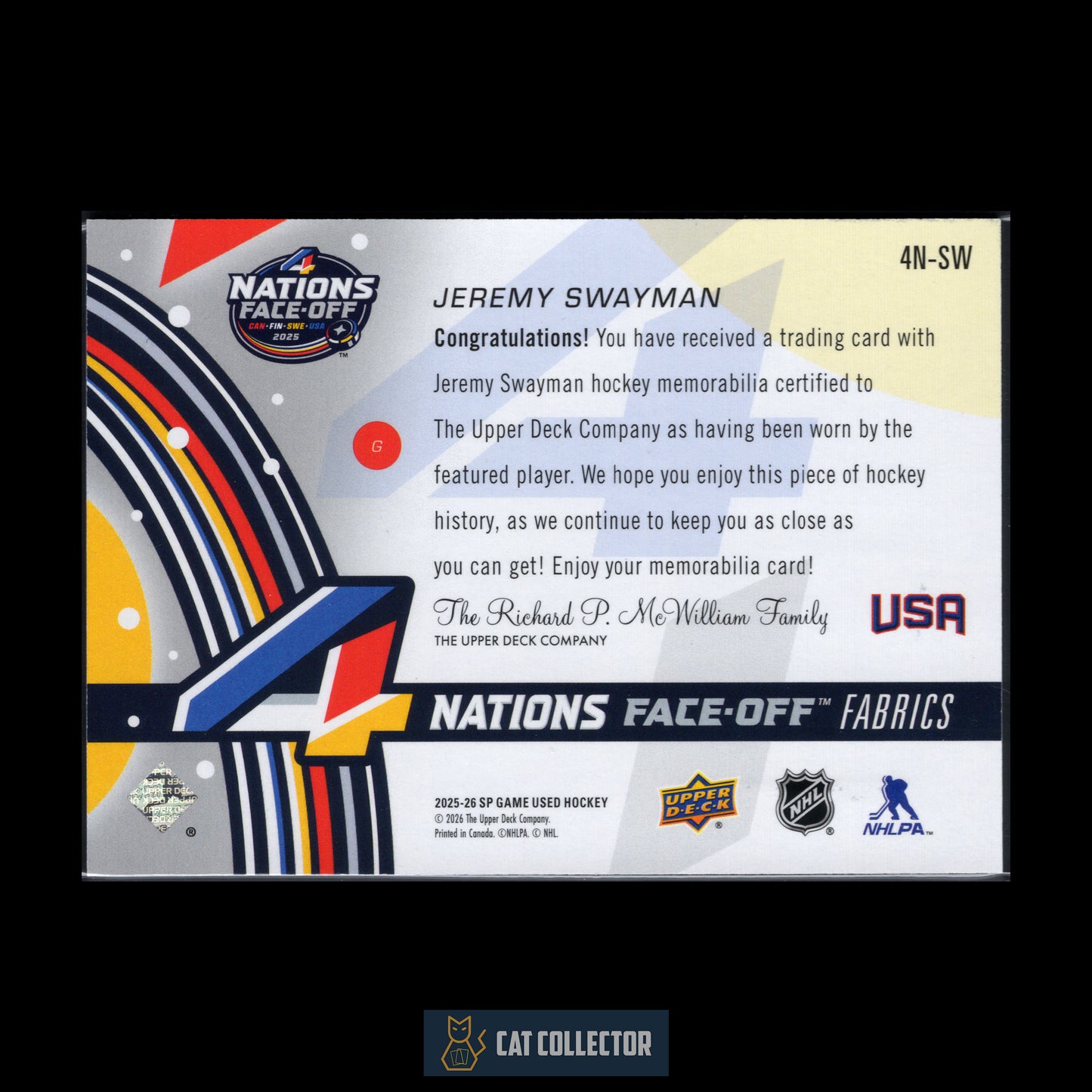 2025-26 UD SP Game Used JEREMY SWAYMAN #4N-SW 4 Nations Face-Off Fabric Jersey