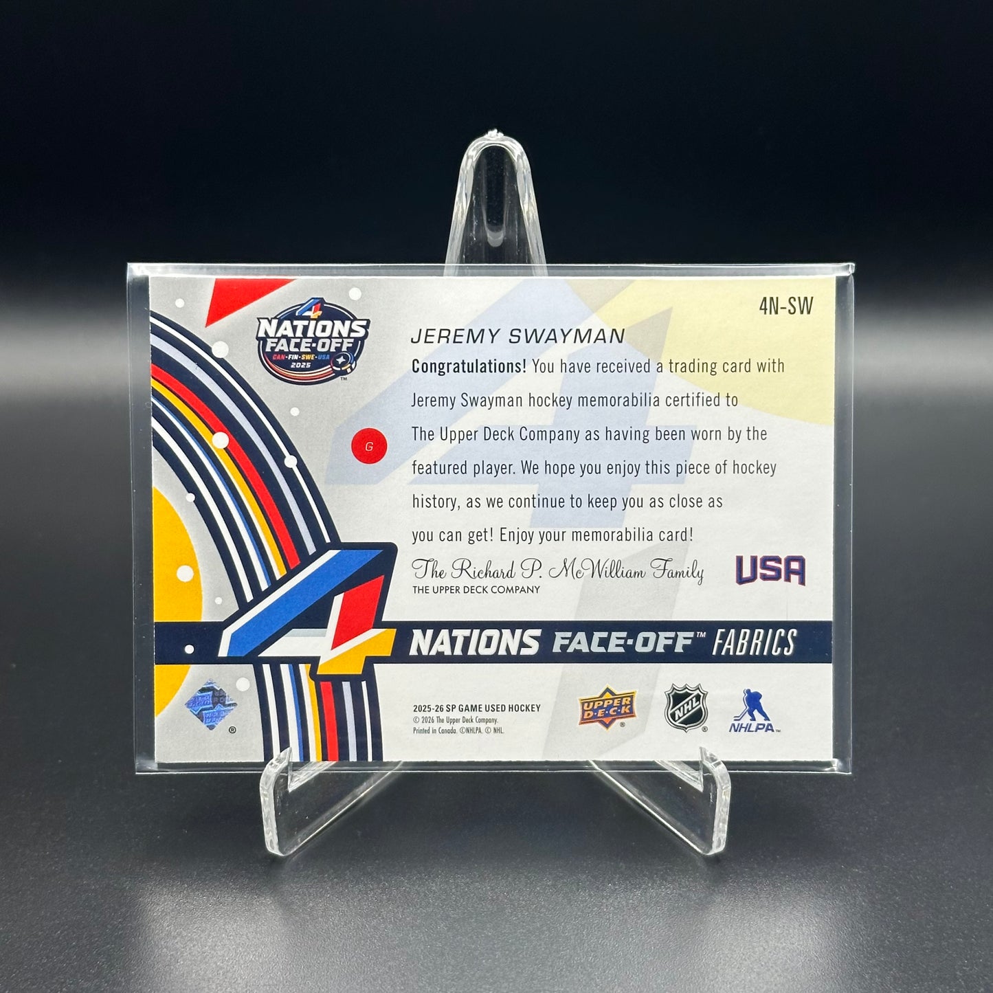 2025-26 UD SP Game Used JEREMY SWAYMAN #4N-SW 4 Nations Face-Off Fabric Jersey