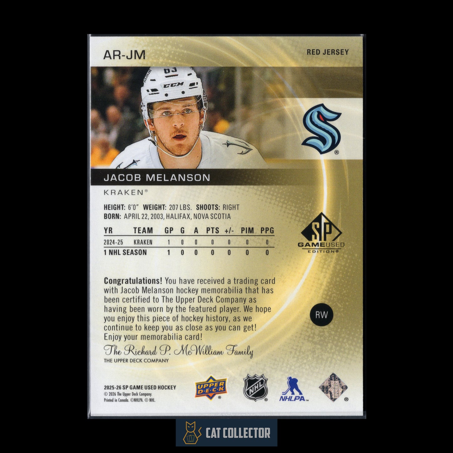 2025-26 Upper Deck SP Game Used JACOB MELANSON #AR-JM Red Jersey RC