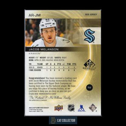 2025-26 Upper Deck SP Game Used JACOB MELANSON #AR-JM Red Jersey RC
