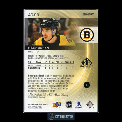 2025-26 Upper Deck SP Game Used RILEY DURAN #AR-RD Authentic Rookie Red Jersey RC