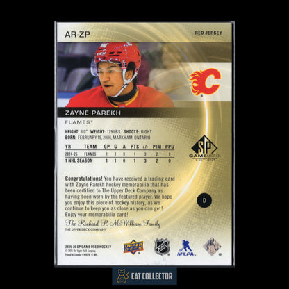 2025-26 UD SP Game Used ZAYNE PAREKH #AR-ZP Authentic Rookies Red Jersey RC