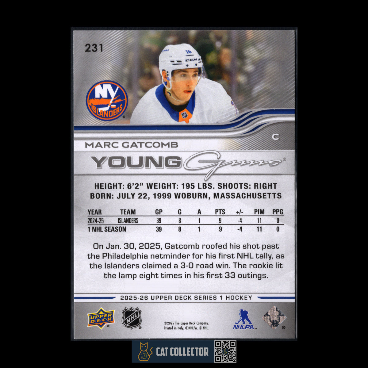2025-26 UD Series 1 MARC GATCOMB #231 Young Guns Deluxe RC /250