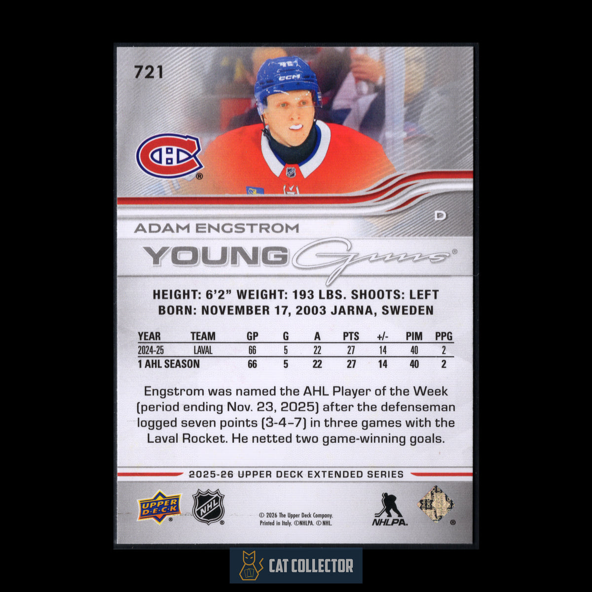 2025-26 UD Extended Series ADAM ENGSTROM #721 Young Guns Rookie RC
