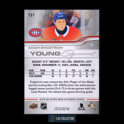 2025-26 UD Extended Series ADAM ENGSTROM #721 Young Guns Rookie RC
