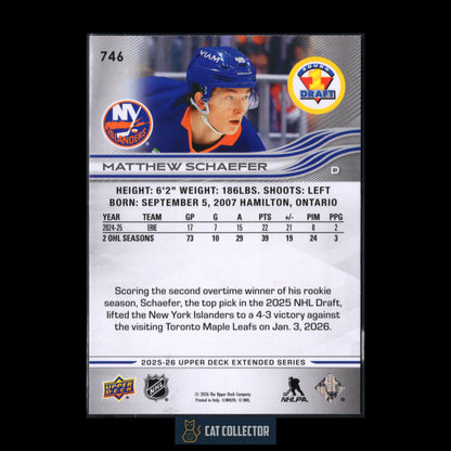 2025-26 Upper Deck Extended series MATTHEW SCHAEFER #746 1st Round Draft RC