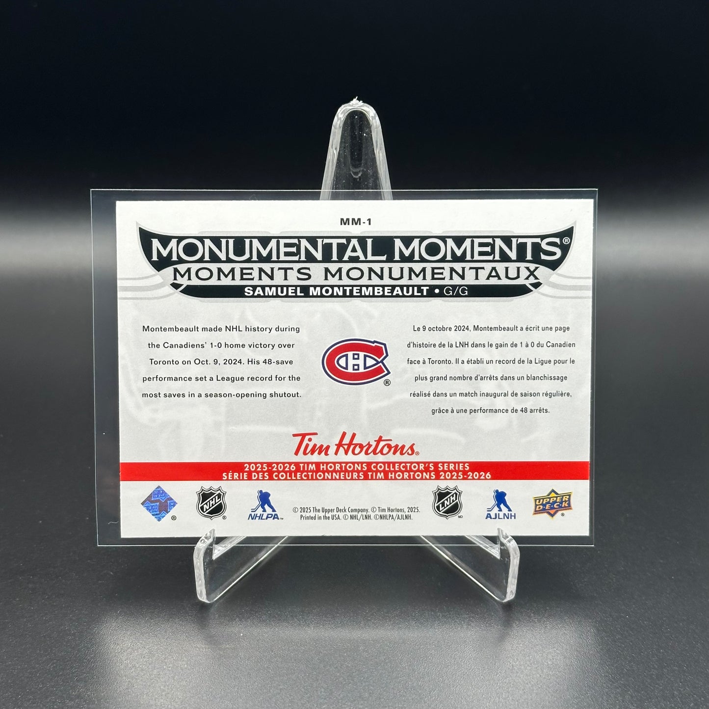 2025-26 Upper Deck Tim Hortons SAMUEL MONTEMBEAULT #MM-1 Monumental Moments