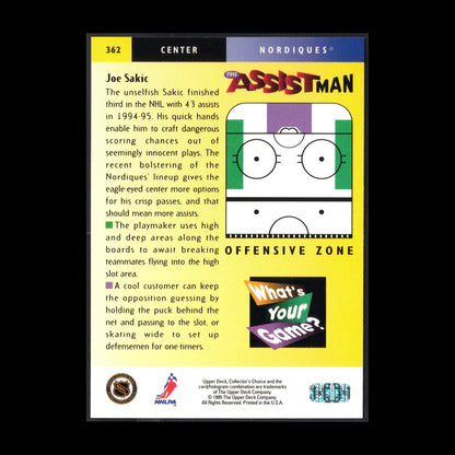 1995-96 UD Collector's Choice JOE SAKIC #362 Players Club - Quebec Nordiques