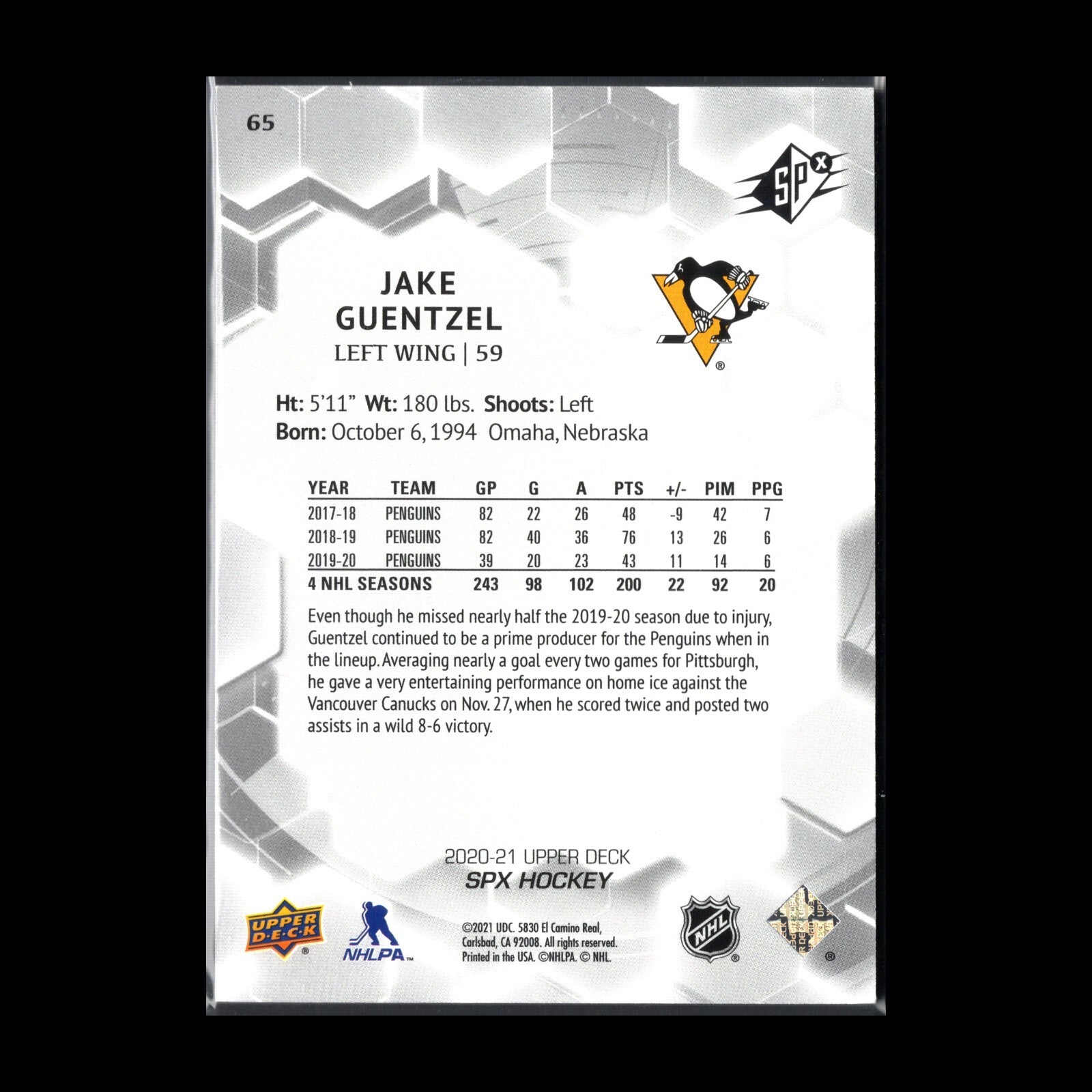 2020-21 Upper Deck SPx JAKE GUENTZEL #65 /299 - Pittsburgh Penguins