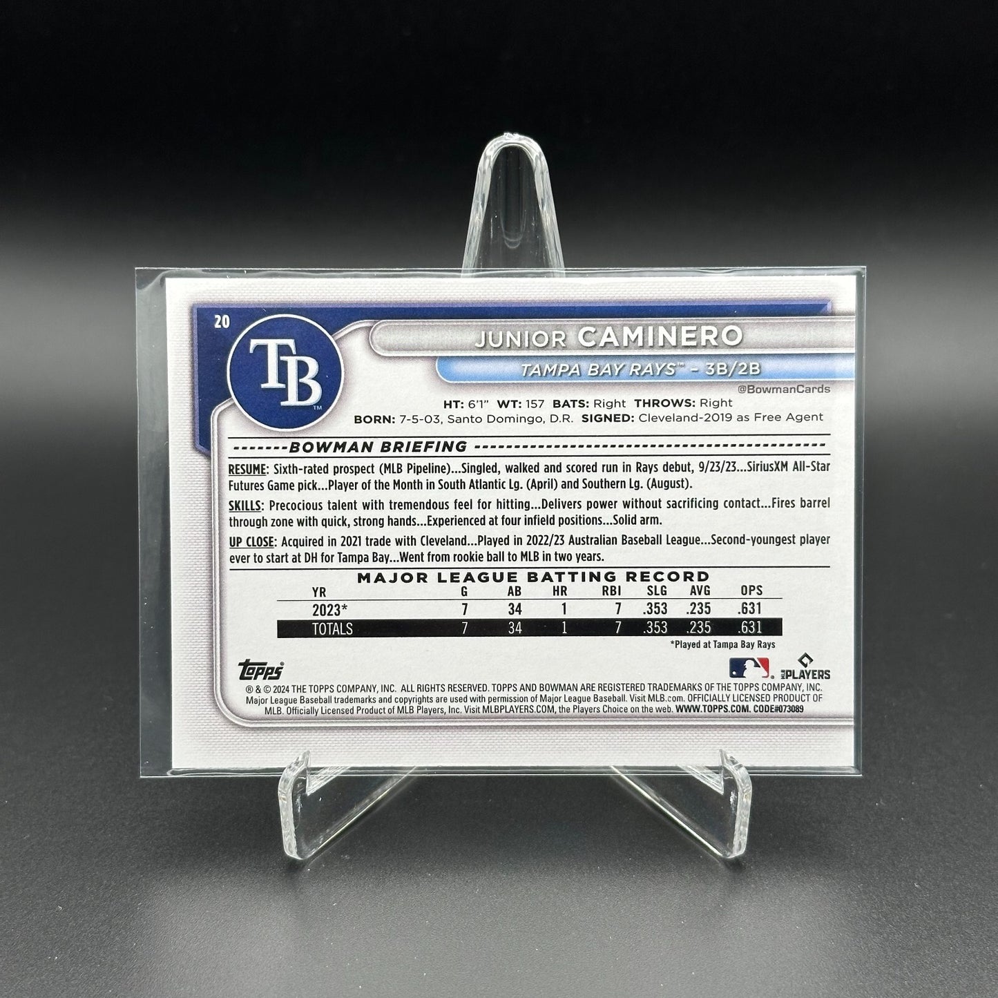 2024 Topps Bowman JUNIOR CAMINERO #20 Prospect RC - Tampa Bay Rays