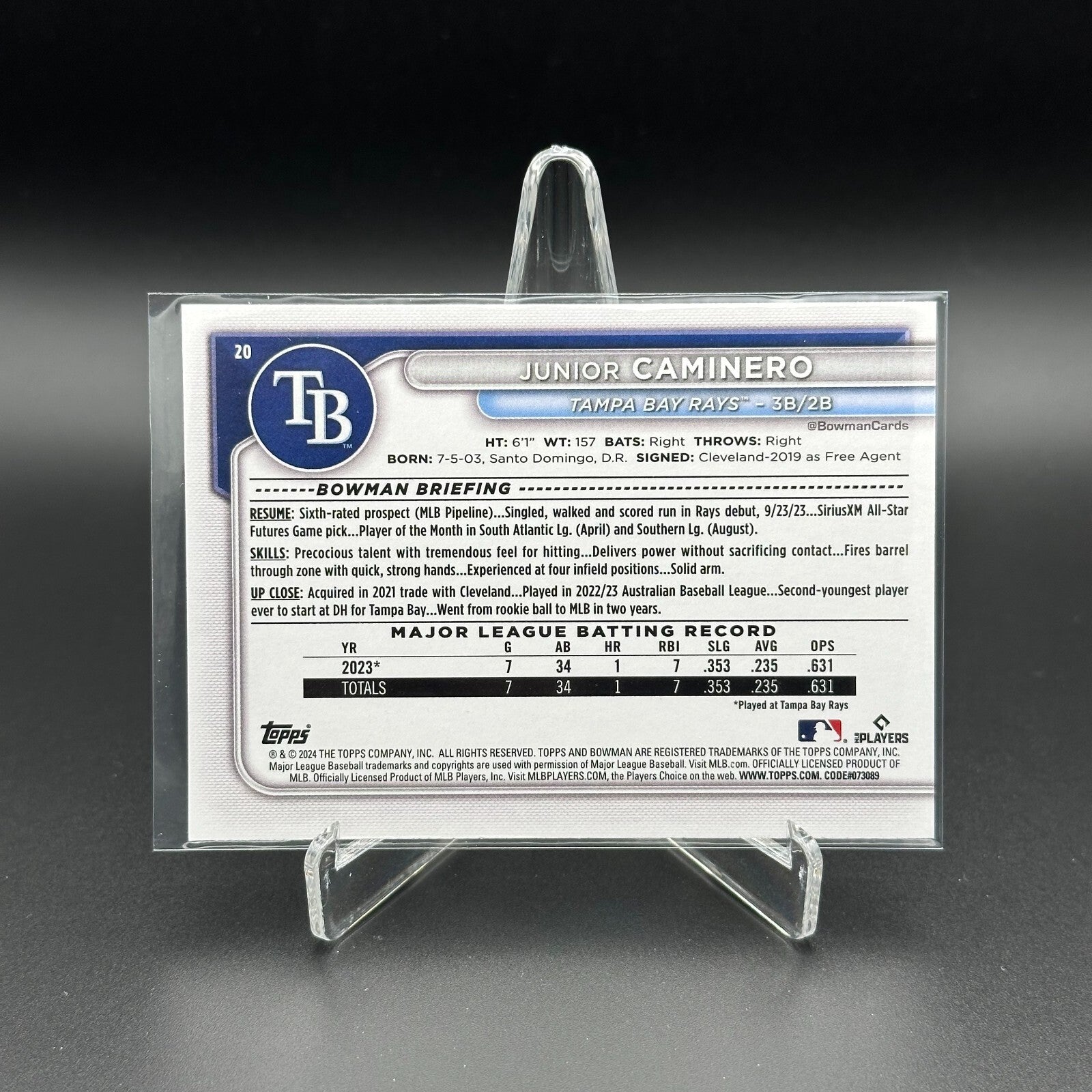 2024 Topps Bowman JUNIOR CAMINERO #20 Prospect RC - Tampa Bay Rays