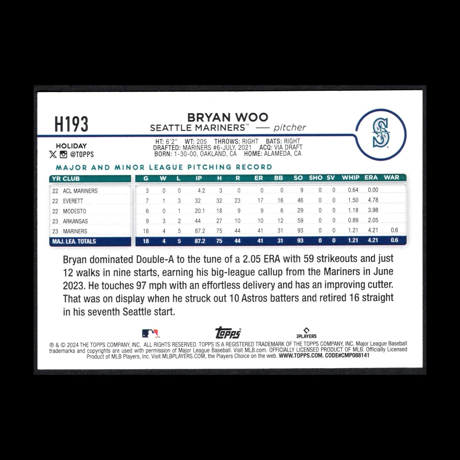 2024 Topps Holiday BRYAN WOO #H193 RC - Seattle Mariners
