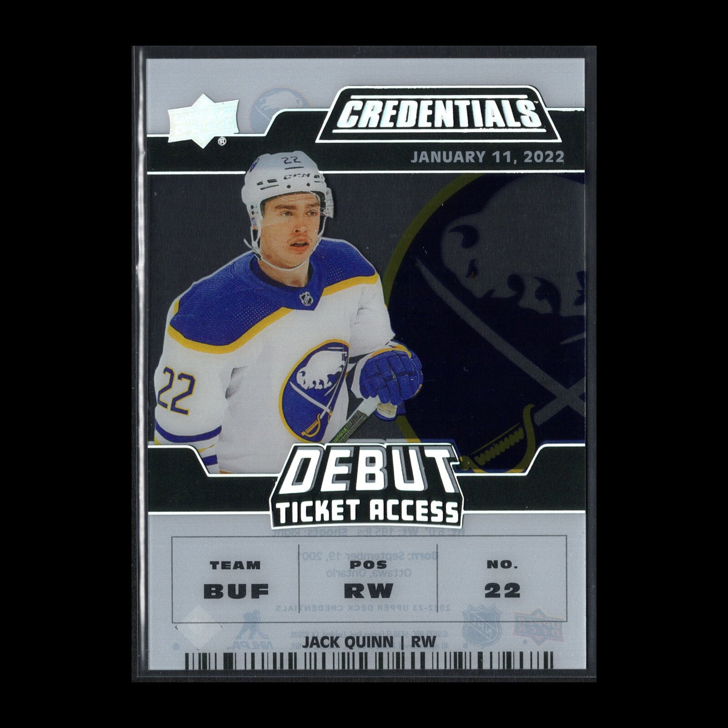 2022-23 UD Credentials JACK QUINN #DTA-JQ Debut Ticket Access Acetate /249