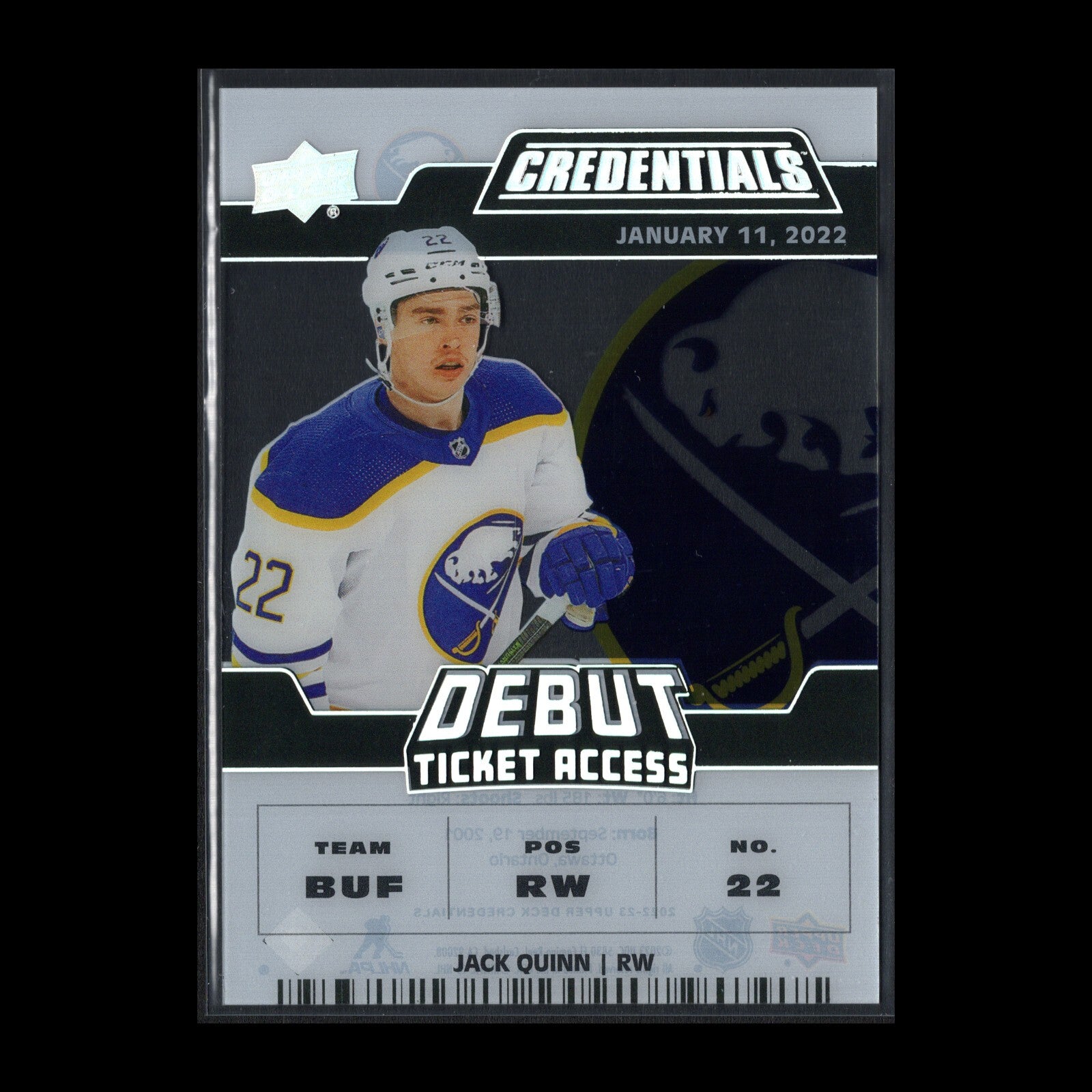 2022-23 UD Credentials JACK QUINN #DTA-JQ Debut Ticket Access Acetate /249