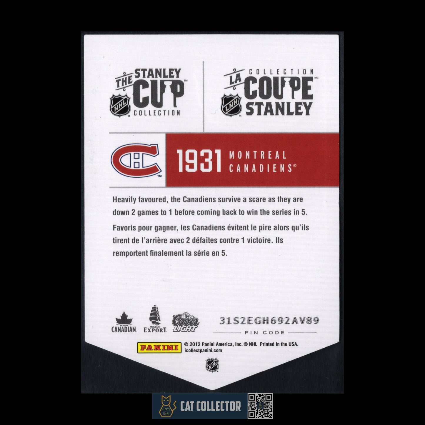 2012 Panini The Stanley Cup Collection MONTREAL CANADIENS 1931