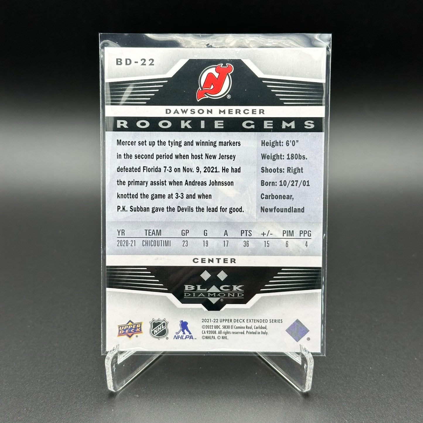 2021-22 UD Extended DAWSON MERCER #BD-22 Black Diamond Rookie Gems - NJ Devils