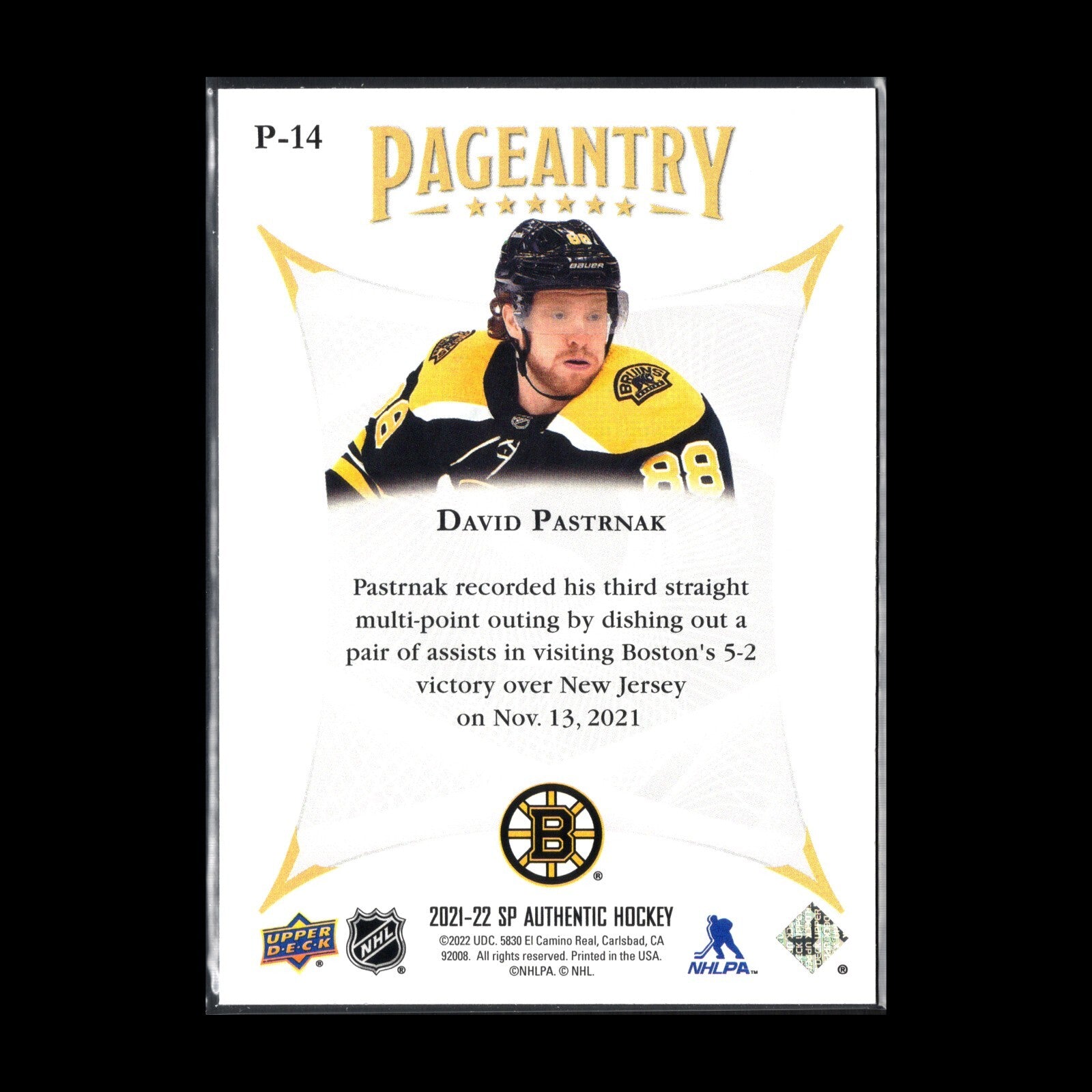 2021-22 UD SP Authentic DAVID PASTRNAK #P-14 Pageantry - Boston Bruins
