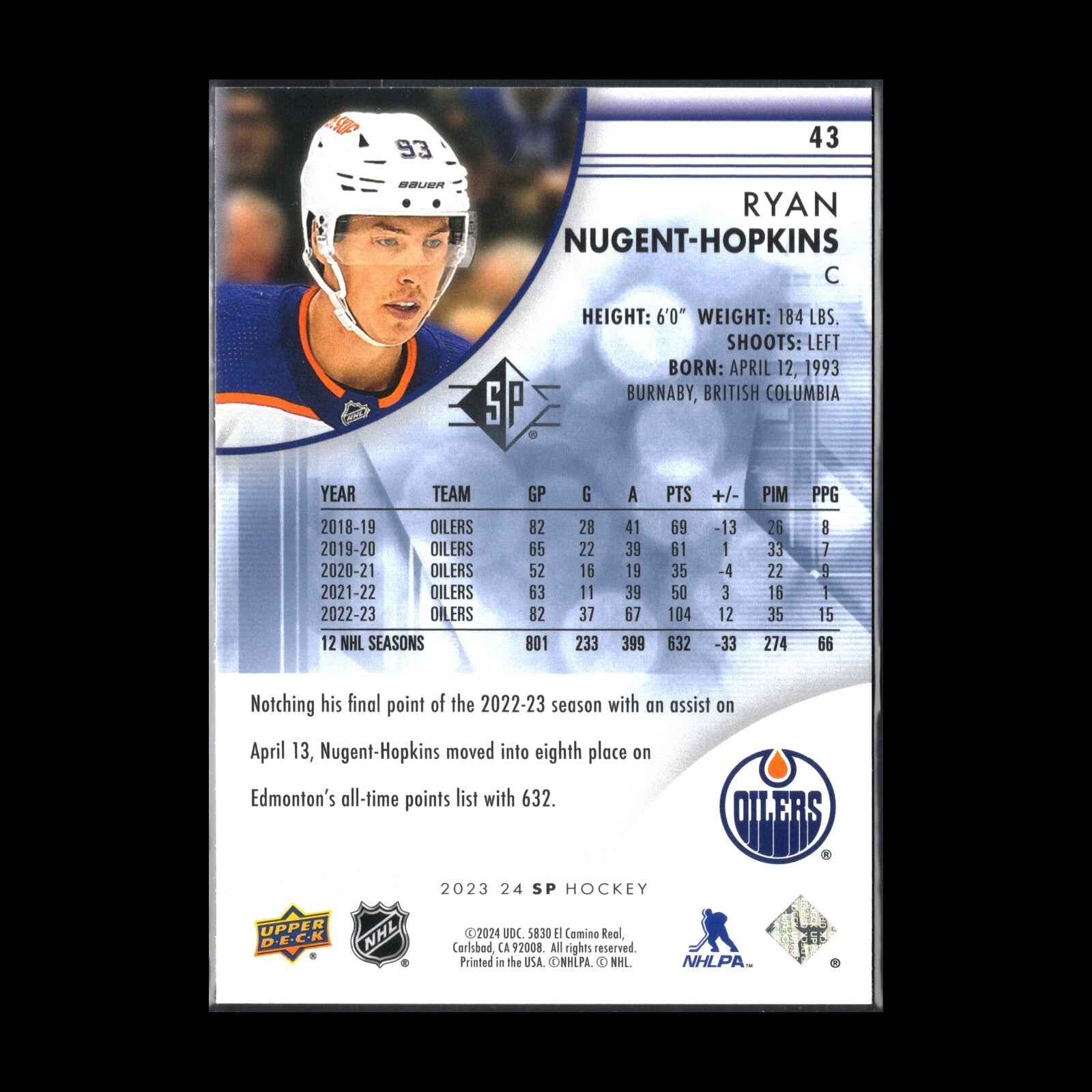 2023-24 UD SP Authentic RYAN NUGENT-HOPKINS #43 Blue parallel - Edmonton Oilers