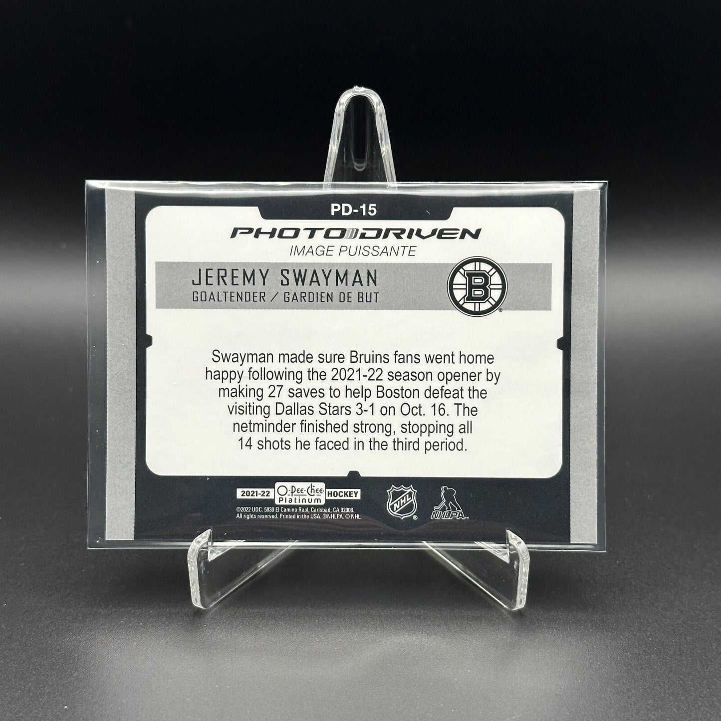 2021-22 O-Pee-Chee Platinum JEREMY SWAYMAN #PD-15 Photo Driven - Boston Bruins