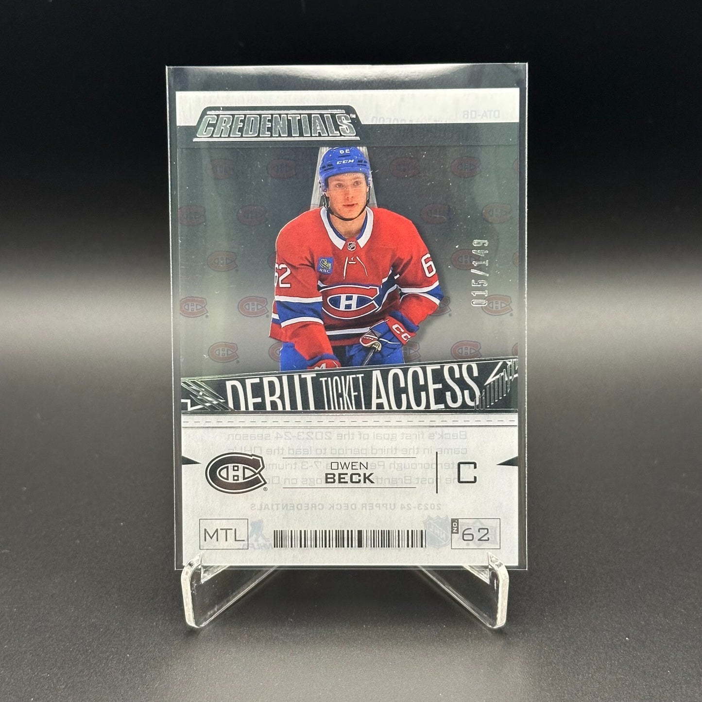2023-24 UD Credentials OWEN BECK #DTA-OB Debut Ticket Access /149 Rookie RC