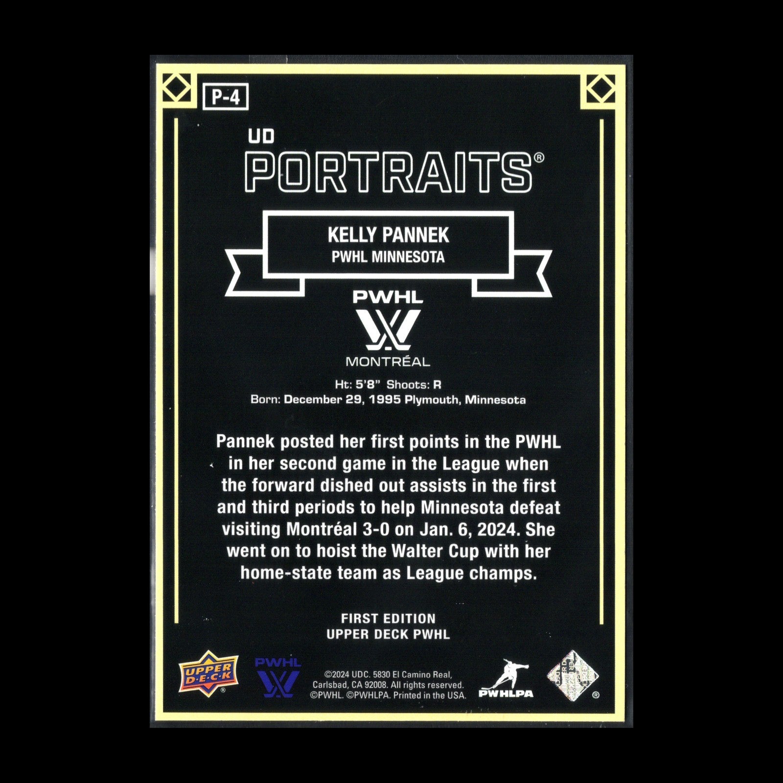 2024-25 UD PWHL KELLY PANNEK #P-4 UD Portraits - 1st EDITION!