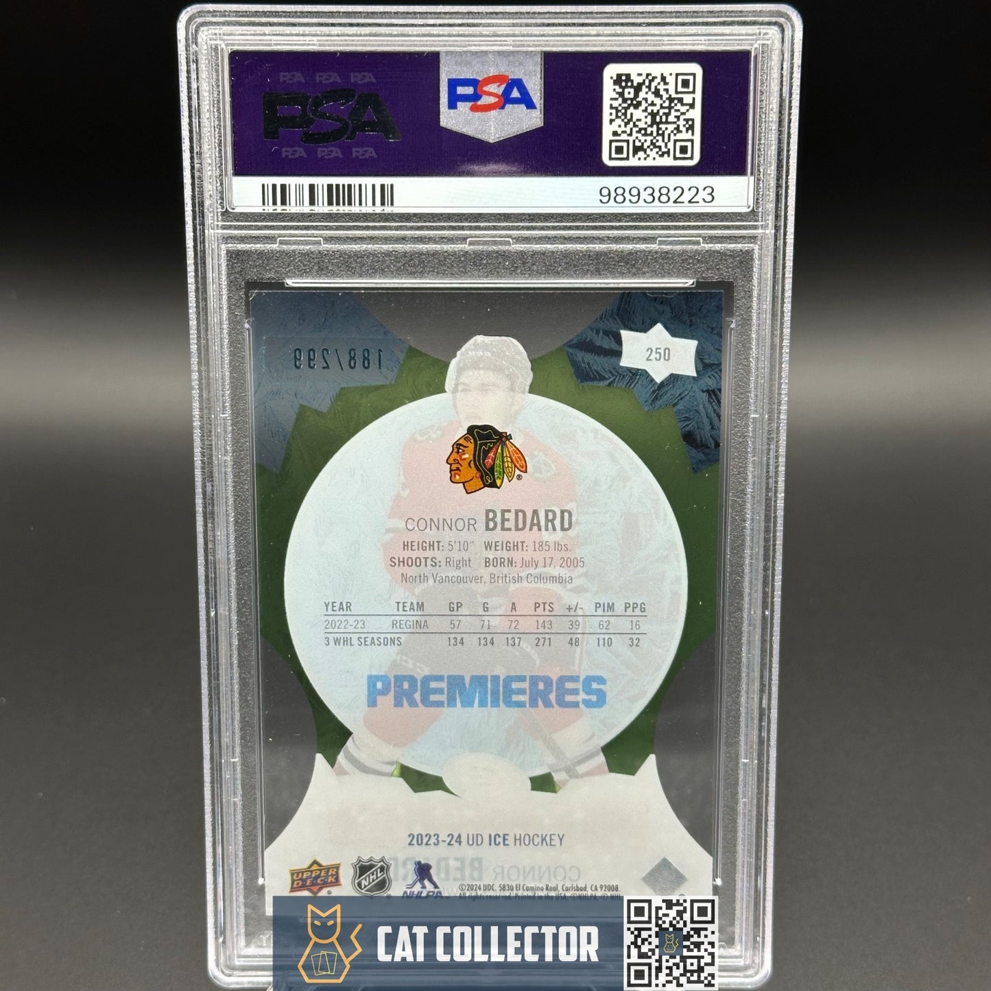 2023-24 UD Ice CONNOR BEDARD #250 Ice Premieres Green Parallel RC /299 PSA 10